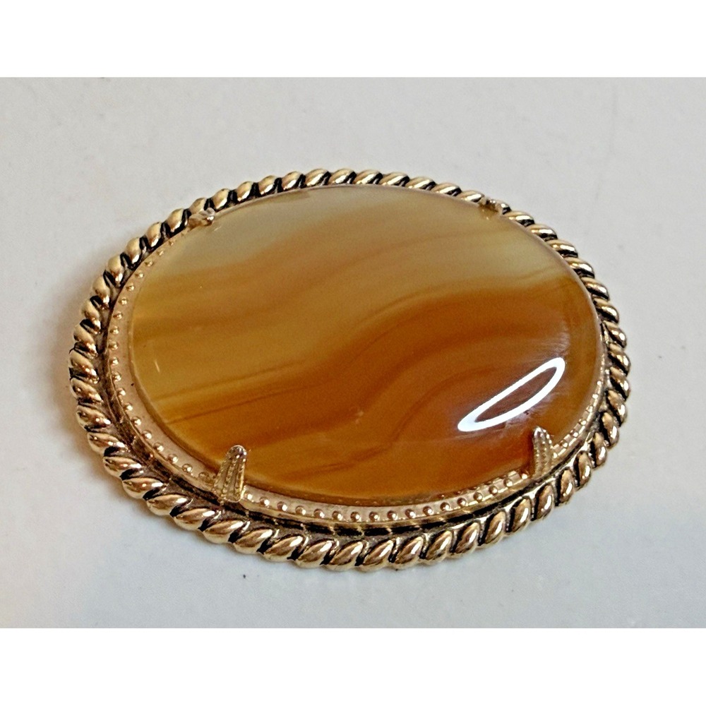 Vintage Orange Banded Agate Twisted Rope Oval Large Brooch Pin Retro Silver
